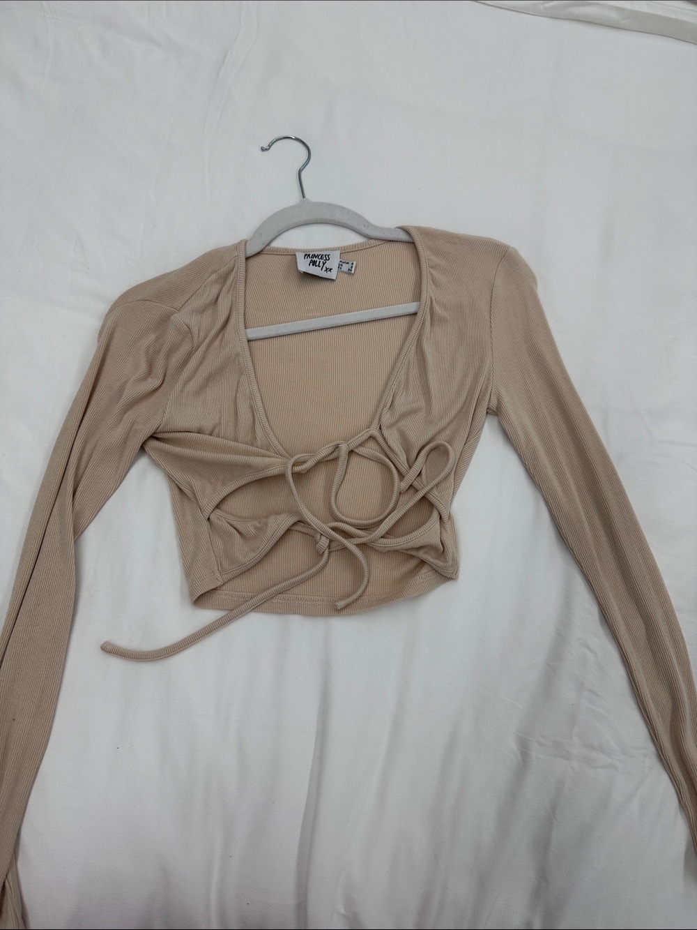 Princess Polly Neutral Beige Tie-Front Ribbed Crop Top